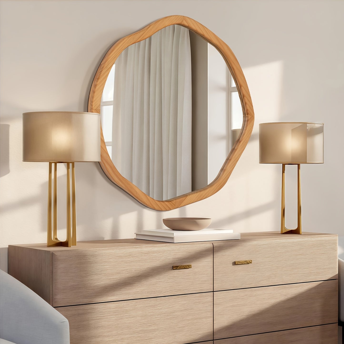 Round Asymmetrical Wood Framed Mirror (24")