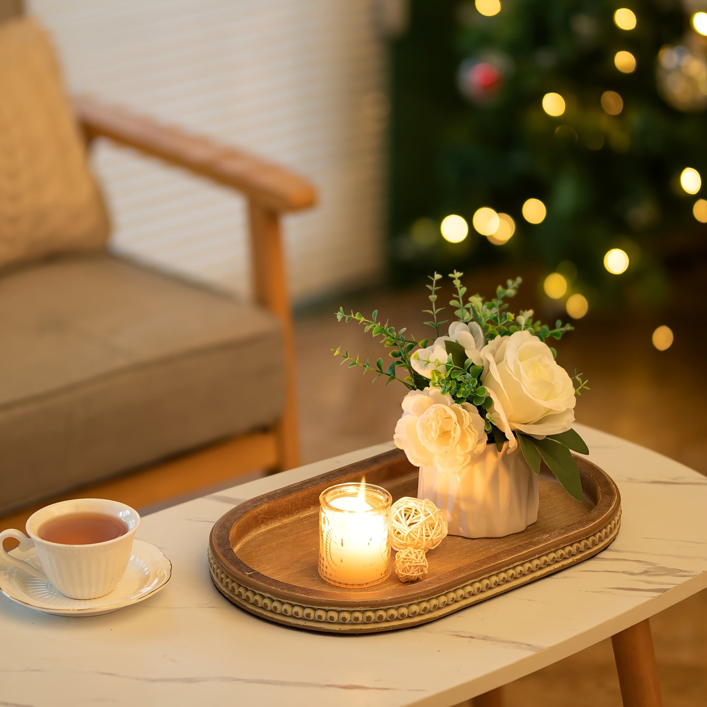 Rustic Wooden Serving Tray with Bead Oval Design