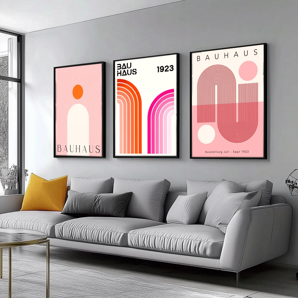 3pcs Modern Bauhaus 1919 Pink & Orange Framed Canvas Set