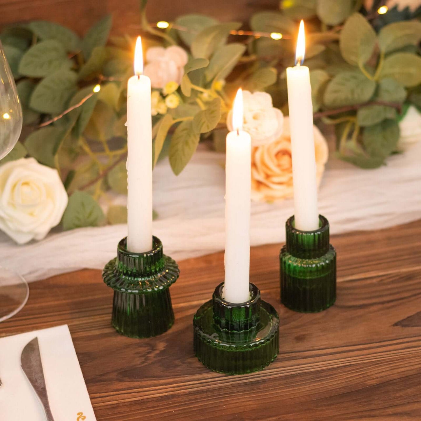 Hunter Green Ribbed Glass Candle & Votive Holders (Set of 3)