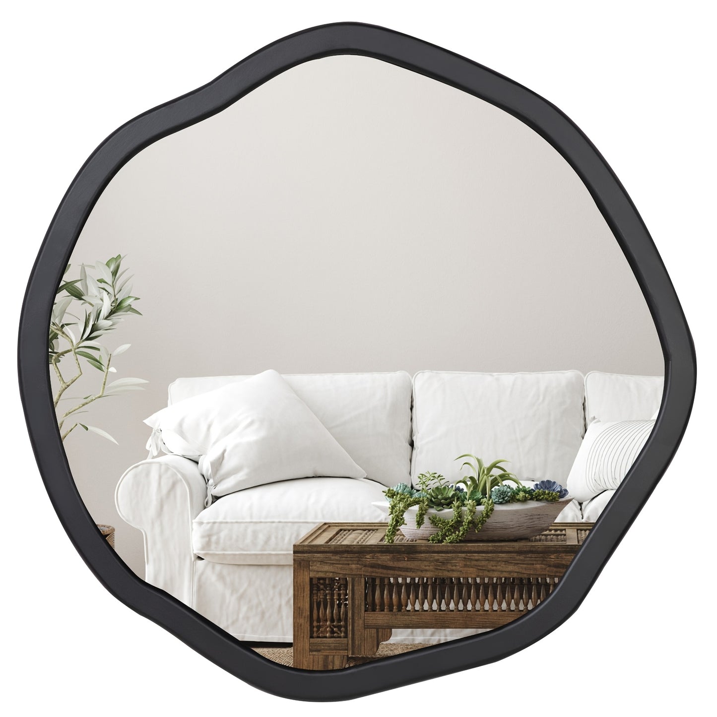 Round Asymmetrical Wood Framed Mirror (24")